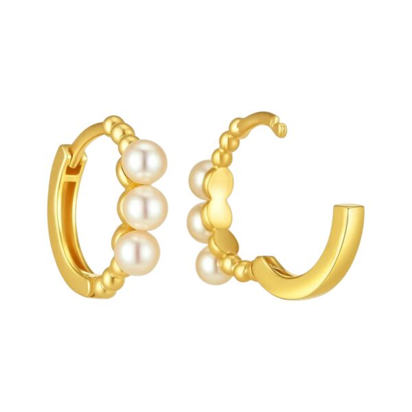 14k Yellow Gold Pearl Huggie Earrings - Image 2