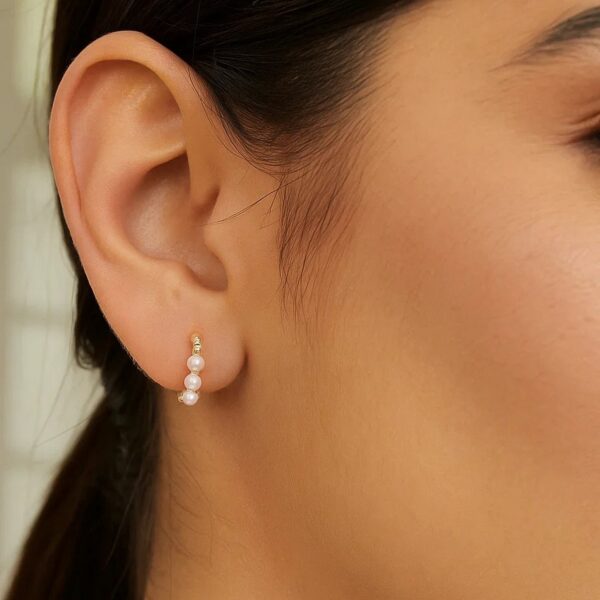14k Yellow Gold Pearl Huggie Earrings - Image 3