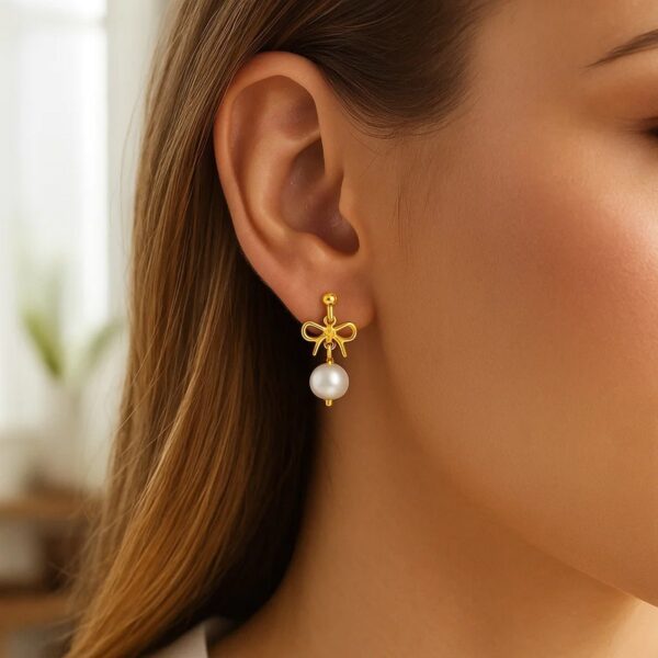 14K Yellow Gold Bow and Freshwater Pearl Drop Earrings - Image 2