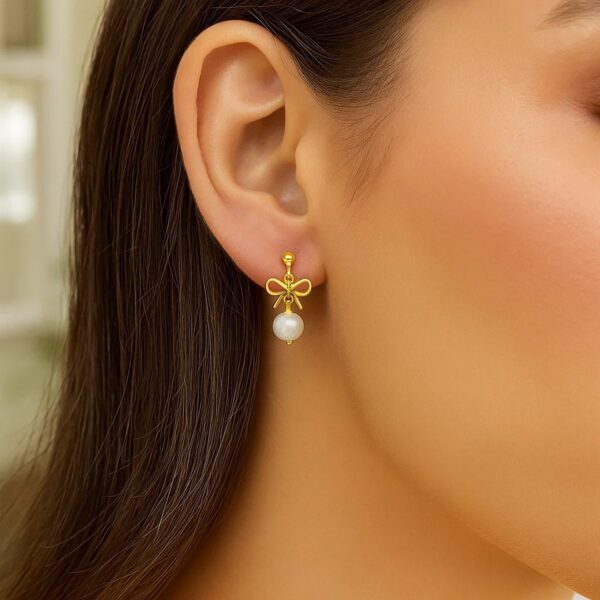 14K Yellow Gold Bow and Freshwater Pearl Drop Earrings - Image 3