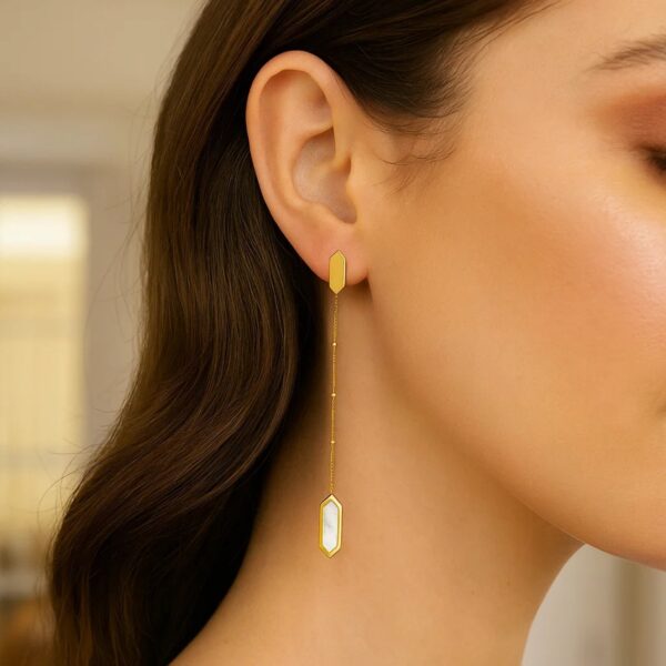14K Yellow Gold Hexagon Mother of Pearl Drop Earrings - Image 2