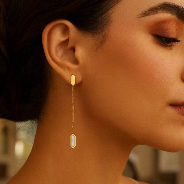 14K Yellow Gold Hexagon Mother of Pearl Drop Earrings - Image 3