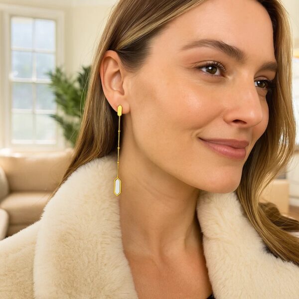 14K Yellow Gold Hexagon Mother of Pearl Drop Earrings - Image 4