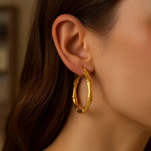 14k Yellow Gold Large Bamboo Hoops - Image 3