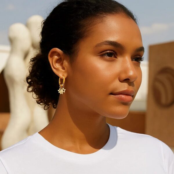 14K Yellow Gold Endless Star Charm Huggie Hoop Earrings - Image 3