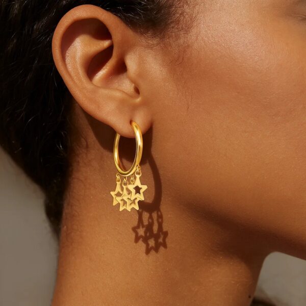 14K Yellow Gold Endless Star Charm Huggie Hoop Earrings - Image 4