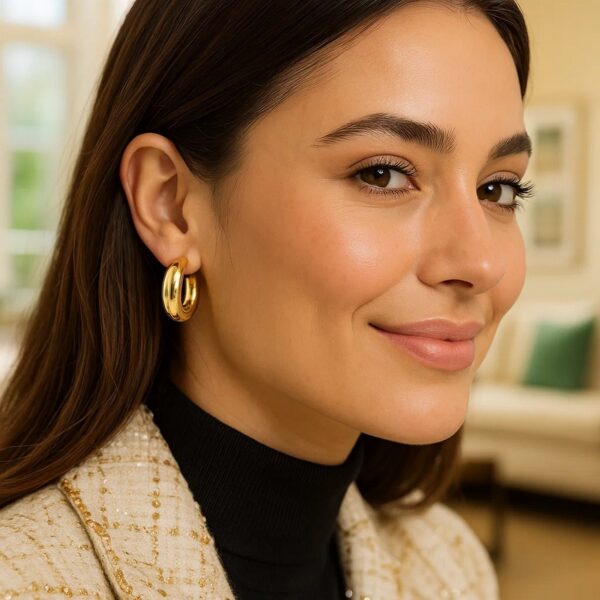 14k Yellow Gold Medium Puffy Hoops - Image 4