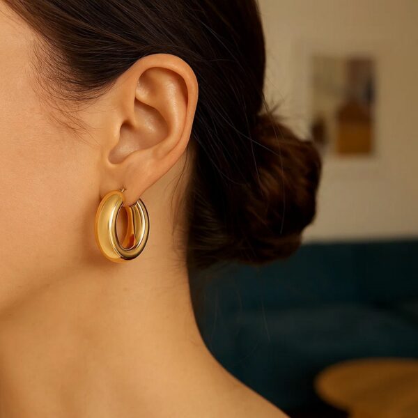 14k Yellow Gold Medium Puffy Hoops - Image 5