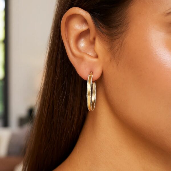 14K Two Tone Gold Diamond Cut Round Hoop Earrings - Image 2