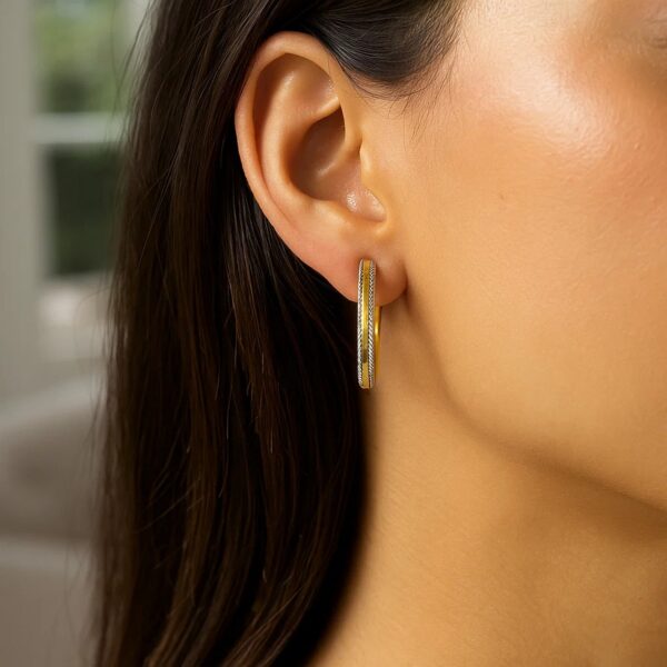 14K Two Tone Gold Diamond Cut Round Hoop Earrings - Image 3