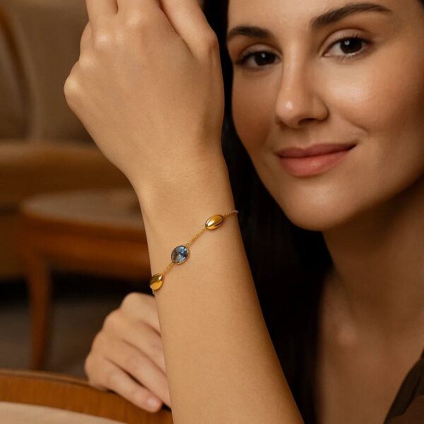 14K Yellow Gold Oval Gemstone and Bead Bracelet - Image 2