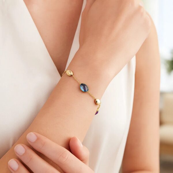 14K Yellow Gold Oval Gemstone and Bead Bracelet - Image 3