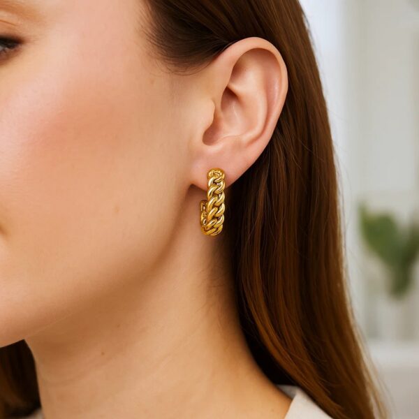 14K Yellow Gold Slender Curb Chain Hoop Earrings - Image 2