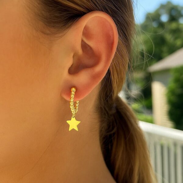 14K Yellow Gold Drop Star Charm Beaded Hoop Earrings - Image 3