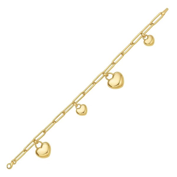 14K Yellow Gold Puffed Heart Charm Bracelet - Image 4
