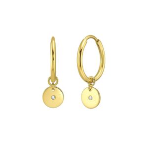 14K Yellow Gold Diamond Disc Charm Hoop Earrings
