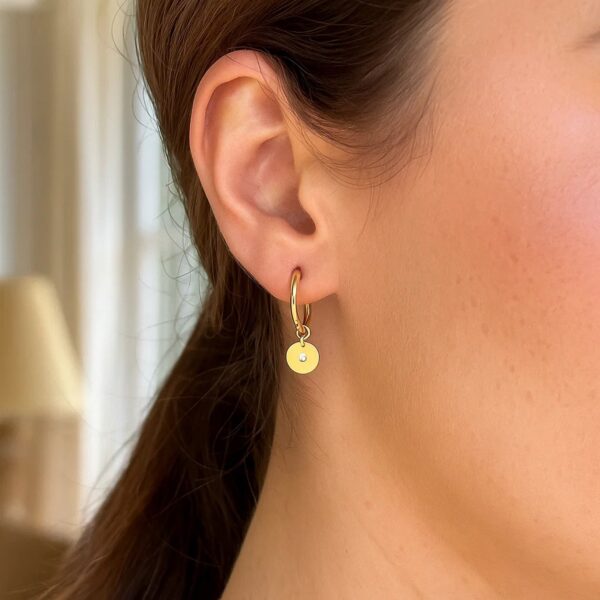 14K Yellow Gold Diamond Disc Charm Hoop Earrings - Image 2