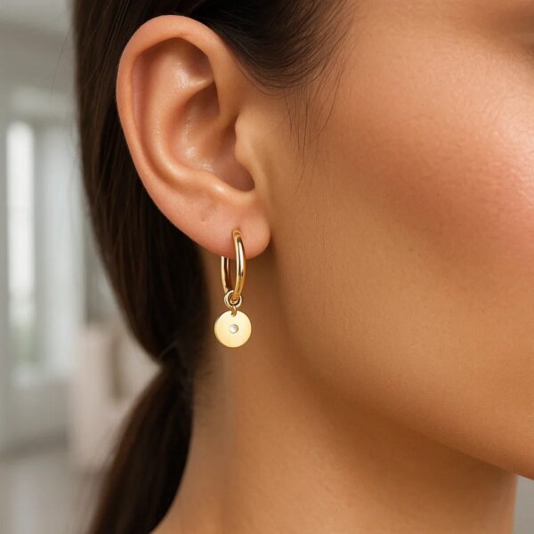 14K Yellow Gold Diamond Disc Charm Hoop Earrings - Image 4