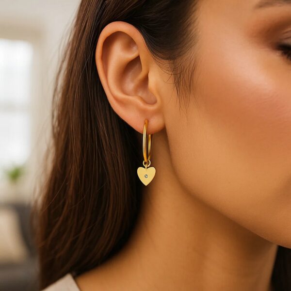 14K Yellow Gold Diamond Heart Charm Hoop Earrings - Image 3