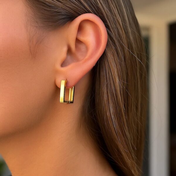 14k Yellow Gold Rectangle Huggie Hoops - Image 3