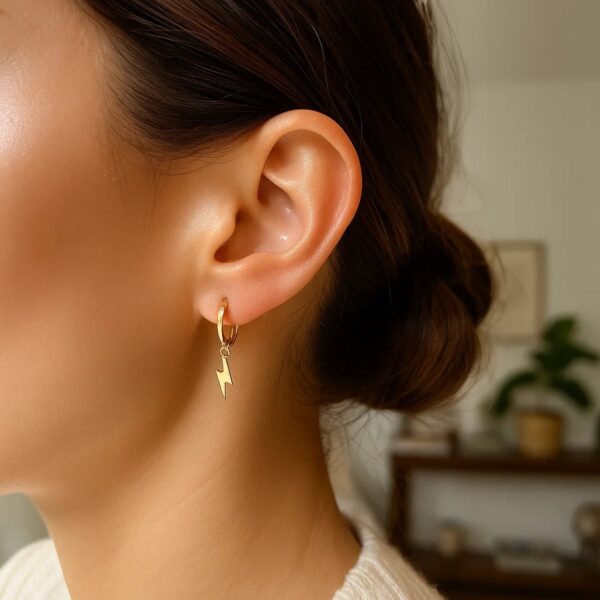 14K Yellow Gold Lighting Bolt Drop Hoop Earrings - Image 3