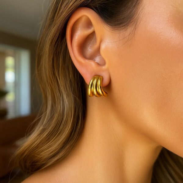 14K Yellow Gold Triple Row Splayed Hoop Earrings - Image 2