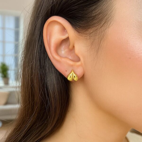 14K Yellow Gold Puffed Bubble Heart Stud Earrings - Image 3