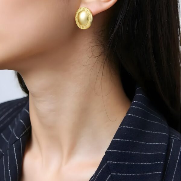14K Yellow Gold Roman Numeral Button Stud Earrings - Image 3