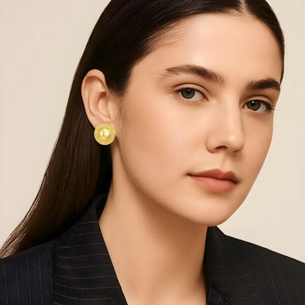 14K Yellow Gold Roman Numeral Button Stud Earrings - Image 4