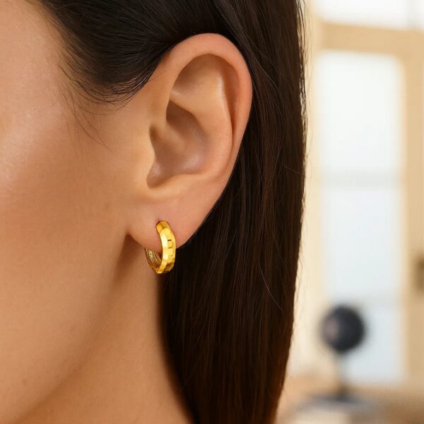 14K Yellow Gold Checkerboard Huggie Hoop Earrings - Image 3