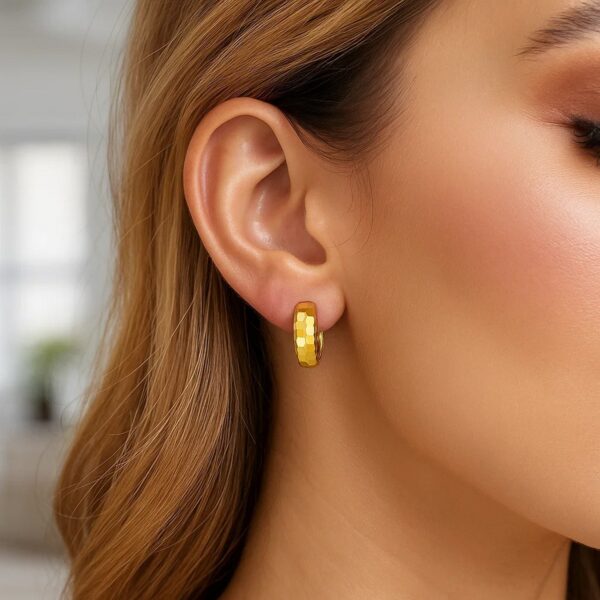 14K Yellow Gold Checkerboard Huggie Hoop Earrings - Image 4