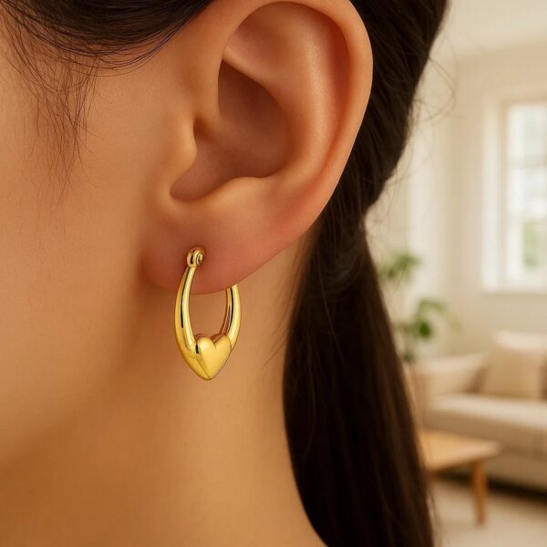 Small Heart Hoop Earrings in 14K Yellow Gold - Image 3