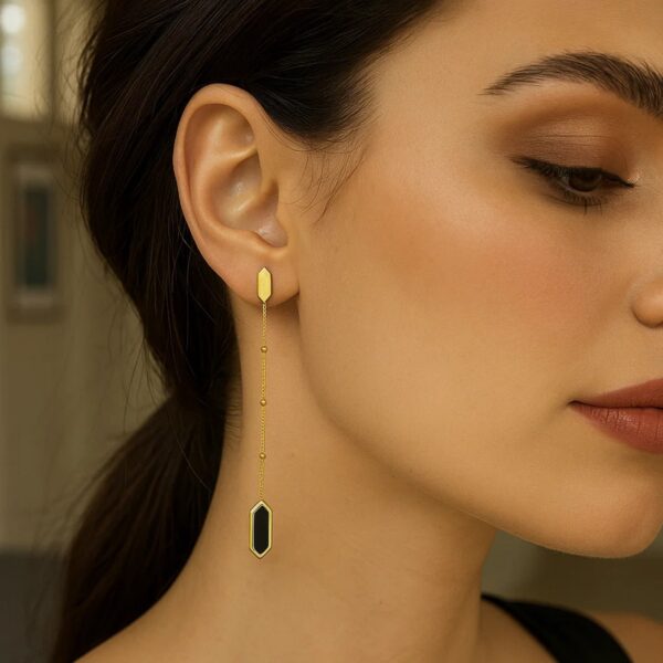 14K Yellow Gold Hexagon Onyx Drop Earrings - Image 2
