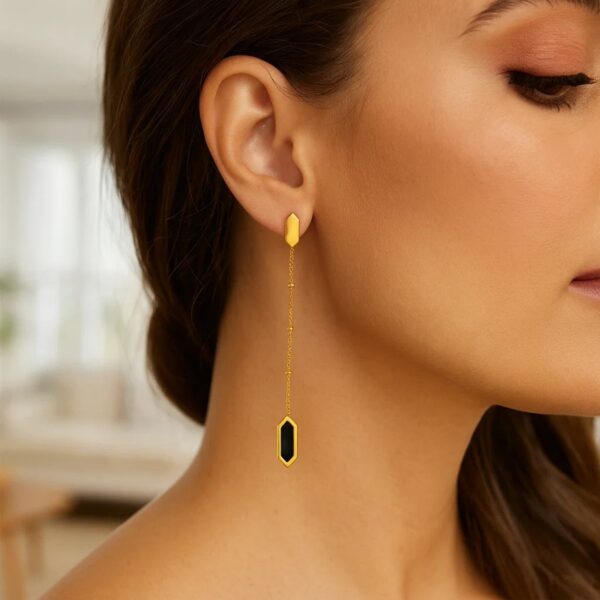 14K Yellow Gold Hexagon Onyx Drop Earrings - Image 3
