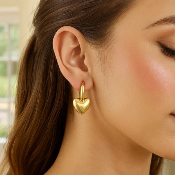14K Yellow Gold Puffy Heart Dangle Huggie Hoops Earrings - Image 2