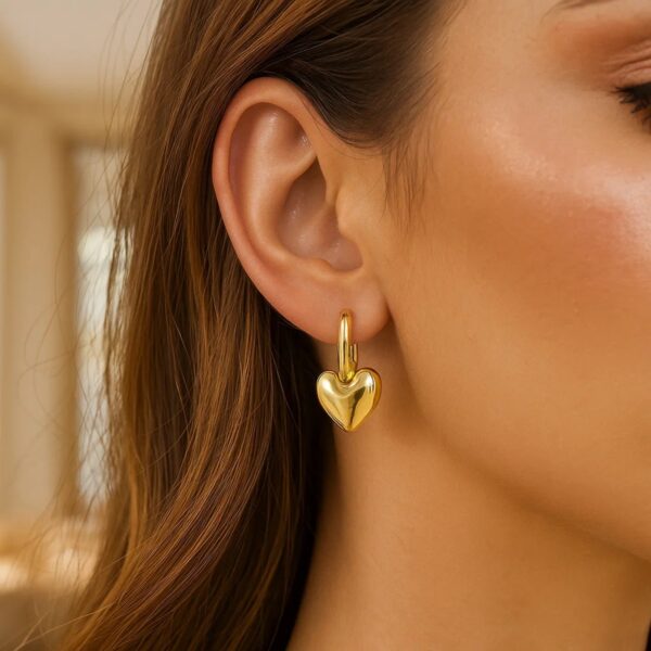 14K Yellow Gold Puffy Heart Dangle Huggie Hoops Earrings - Image 3
