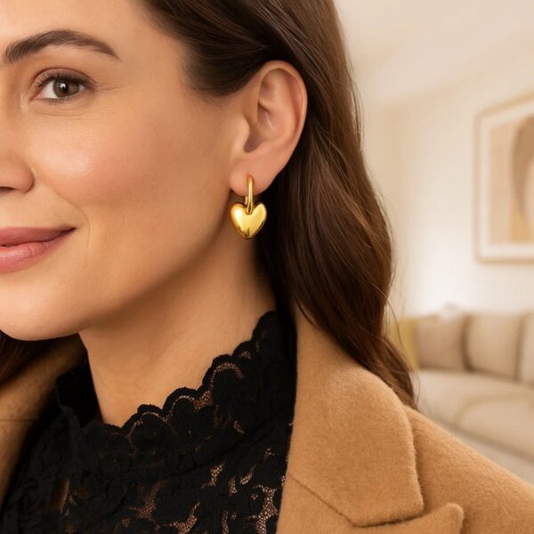 14K Yellow Gold Puffy Heart Dangle Huggie Hoops Earrings - Image 4