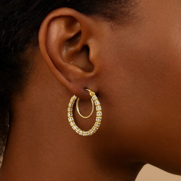 14K Two Tone Gold Iced Round Hoop Earrings - Image 2