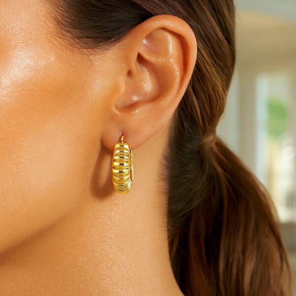 14K Yellow Gold Polished Puffed Ribbed Hoop Earrings - Image 3
