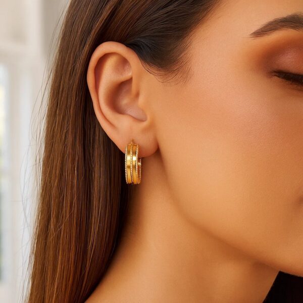14K Yellow Gold Double Sparkle Spring Hoops Earrings - Image 2