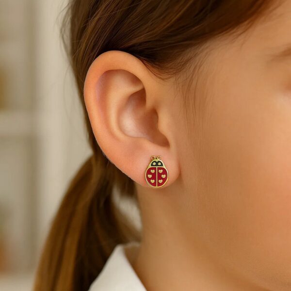 14K Yellow Gold Ladybug Enamel Earrings - Image 3
