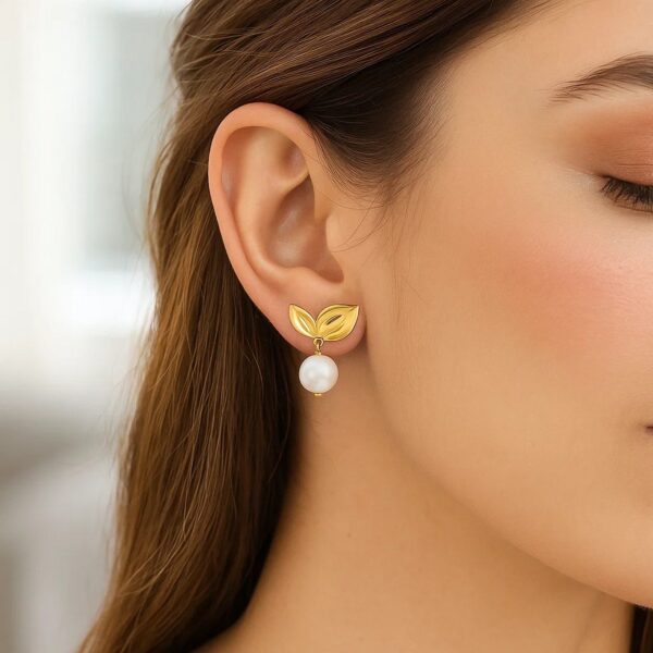 Pearl Drop Earrings with Cherry Leaf in 14K Yellow Gold - Image 2