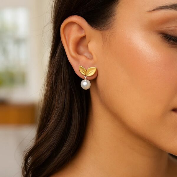 Pearl Drop Earrings with Cherry Leaf in 14K Yellow Gold - Image 3