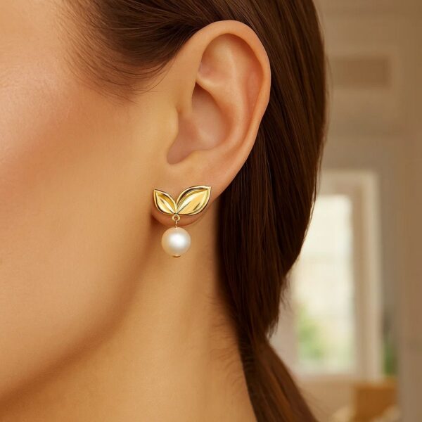 Pearl Drop Earrings with Cherry Leaf in 14K Yellow Gold - Image 4
