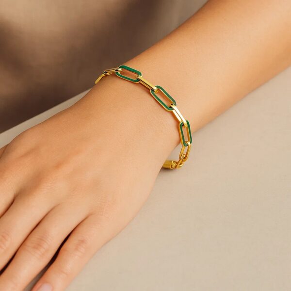 14k Yellow Gold Malachite Paperclip Gem Link Bracelet (7.00 mm) - Image 4
