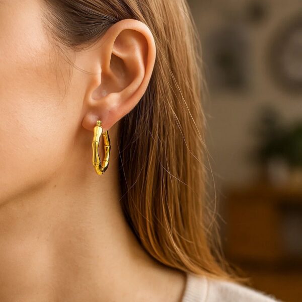 14k Yellow Gold Medium Bamboo Hoop Earrings - Image 6