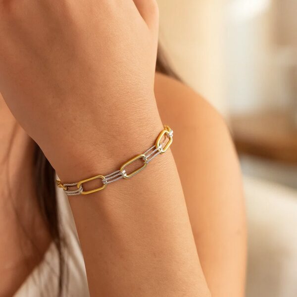 14K Two Tone Gold Diamante Paperclip Bracelet (6.20 mm) - Image 2