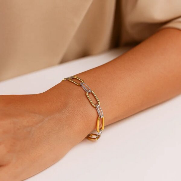 14K Two Tone Gold Diamante Paperclip Bracelet (6.20 mm) - Image 3