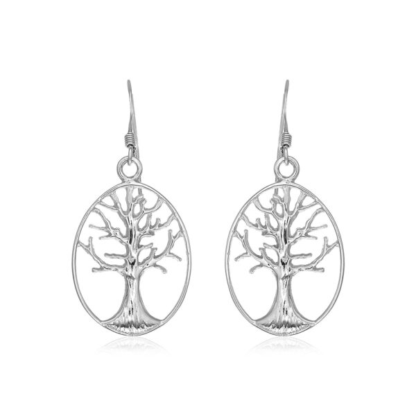 Sterling Silver Oval Round Tree of Life Earrings