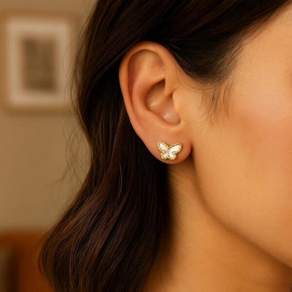 14K Yellow Gold Mother of Pearl Butterfly Stud Earrings - Image 3